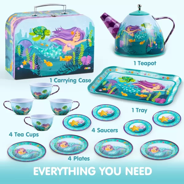 JOYIN Unicorn Tea Party Set for Little Girls Pretend Purple Tin Teapot Set Princess Tea Time Play Kitchen Toy with Teapot Cup Plate Carrying Case for Birthday Easter Gift Kids Toddler Age 3 4 5 6Mermaid