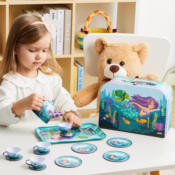JOYIN Unicorn Tea Party Set for Little Girls Pretend Purple Tin Teapot Set Princess Tea Time Play Kitchen Toy with Teapot Cup Plate Carrying Case for Birthday Easter Gift Kids Toddler Age 3 4 5 6Mermaid