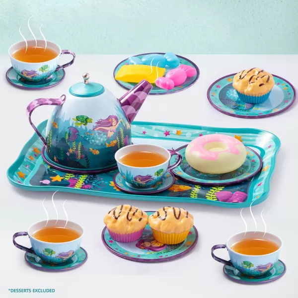 JOYIN Unicorn Tea Party Set for Little Girls Pretend Purple Tin Teapot Set Princess Tea Time Play Kitchen Toy with Teapot Cup Plate Carrying Case for Birthday Easter Gift Kids Toddler Age 3 4 5 6Mermaid