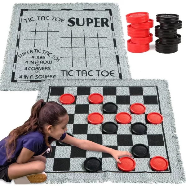 3in1 Vintage Giant Checkers and Tic Tac Toe Game with Reversible Mat 24 Chips Family Board Game Lawn Game BBQ Party Favor Indoor and Outdoor Activity for Kids and Adults