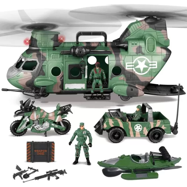 JOYIN 10in1 Military Helicopter Toys Set with Light Sound Trucks Boat Bike Army Men Weapons  Kids Gifts
