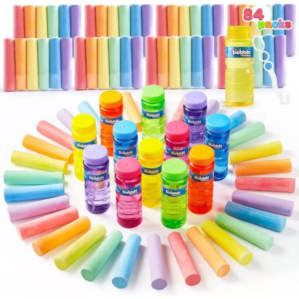 JOYIN 84 Pcs Party Favors for Kids Activities Includes 12 Bundles of Sidewalk Chalks in 6 Colors Bubble Bottle with Wands Fun Toys Games