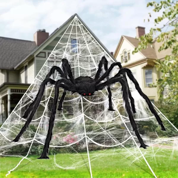 JOYIN Halloween Decoration Outdoor 63 Giant Spider with 400 sqft Spider Web Outside Decor Triangular Spiderweb 23 x 18 ft and Stretchy Cobweb 120g for Yard Haunted House Indoor Decor Supplies