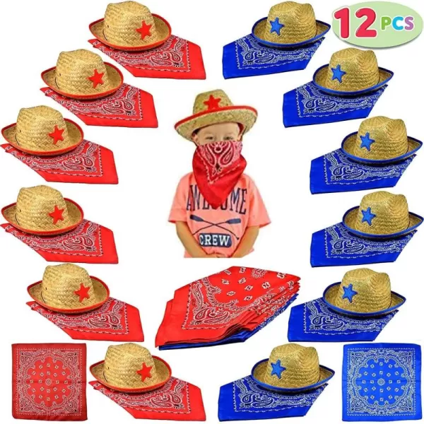 JOYIN Toy Pack of 12 Childs Straw Cowboy Hats with Cowboy Bandannas 6 Red ampamp 6 Blue Christmas Party Favors