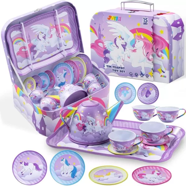 JOYIN Unicorn Tea Party Set for Little Girls Pretend Purple Tin Teapot Set Princess Tea Time Play Kitchen Toy with Teapot Cup Plate Carrying Case for Birthday Easter Gift Kids Toddler Age 3 4 5 6Purple Unicorn