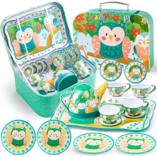 JOYIN Unicorn Tea Party Set for Little Girls Pretend Purple Tin Teapot Set Princess Tea Time Play Kitchen Toy with Teapot Cup Plate Carrying Case for Birthday Easter Gift Kids Toddler Age 3 4 5 6Owl Garden