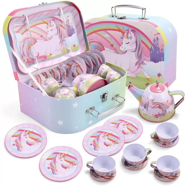 JOYIN Unicorn Tea Party Set for Little Girls Pretend Purple Tin Teapot Set Princess Tea Time Play Kitchen Toy with Teapot Cup Plate Carrying Case for Birthday Easter Gift Kids Toddler Age 3 4 5 6Unicorn