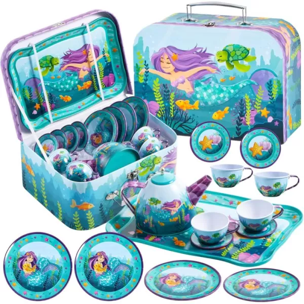 JOYIN Unicorn Tea Party Set for Little Girls Pretend Purple Tin Teapot Set Princess Tea Time Play Kitchen Toy with Teapot Cup Plate Carrying Case for Birthday Easter Gift Kids Toddler Age 3 4 5 6Mermaid