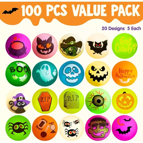 JOYIN 100 PCS Halloween Glow in The Dark Bouncing Balls 20 Designs Halloween Theme Glowing Bouncy Balls for Halloween Party Supplies Party Favors Trick or Treating Goodies