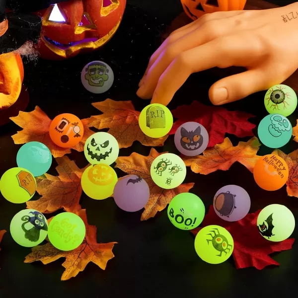 JOYIN 100 PCS Halloween Glow in The Dark Bouncing Balls 20 Designs Halloween Theme Glowing Bouncy Balls for Halloween Party Supplies Party Favors Trick or Treating Goodies