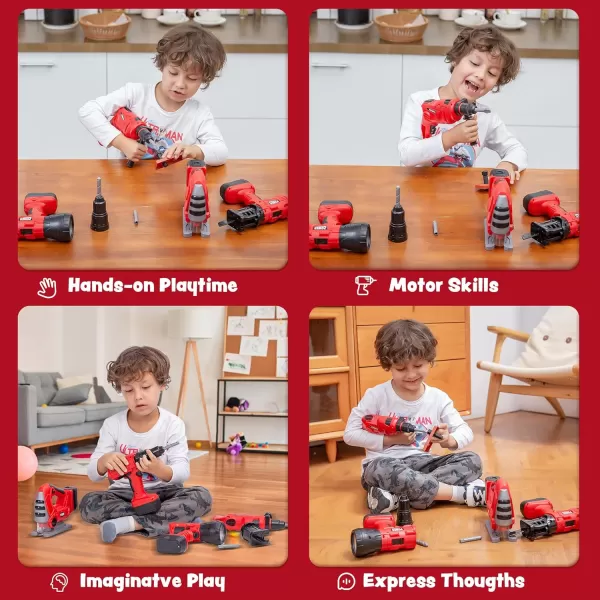 JOYIN 4in1 Kids Tool Set Pretend Play Toddler Tool Toys Construction Playset with Flashlight Saw Tools and Electric Drill for Boy Girl Halloween Present Birthday Dress Up Party Favors