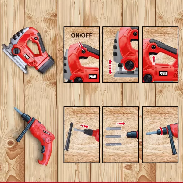 JOYIN 4in1 Kids Tool Set Pretend Play Toddler Tool Toys Construction Playset with Flashlight Saw Tools and Electric Drill for Boy Girl Halloween Present Birthday Dress Up Party Favors