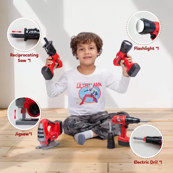 JOYIN 4in1 Kids Tool Set Pretend Play Toddler Tool Toys Construction Playset with Flashlight Saw Tools and Electric Drill for Boy Girl Halloween Present Birthday Dress Up Party Favors