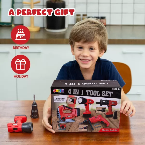 JOYIN 4in1 Kids Tool Set Pretend Play Toddler Tool Toys Construction Playset with Flashlight Saw Tools and Electric Drill for Boy Girl Halloween Present Birthday Dress Up Party Favors