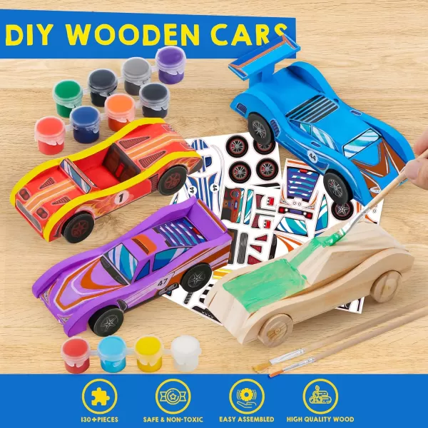 Klever Kits 4 DIY Wooden Race CarsBuild ampamp Paint Your Own Wood Craft Kit 4 Race Cars Toy Easy to Assemble Arts Crafts Kit Birthday Party Presents for Kids Boys Ages 6 and Up
