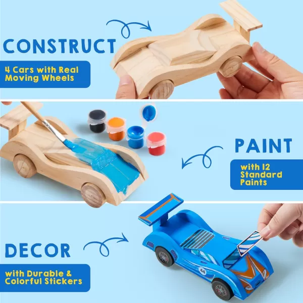 Klever Kits 4 DIY Wooden Race CarsBuild ampamp Paint Your Own Wood Craft Kit 4 Race Cars Toy Easy to Assemble Arts Crafts Kit Birthday Party Presents for Kids Boys Ages 6 and Up
