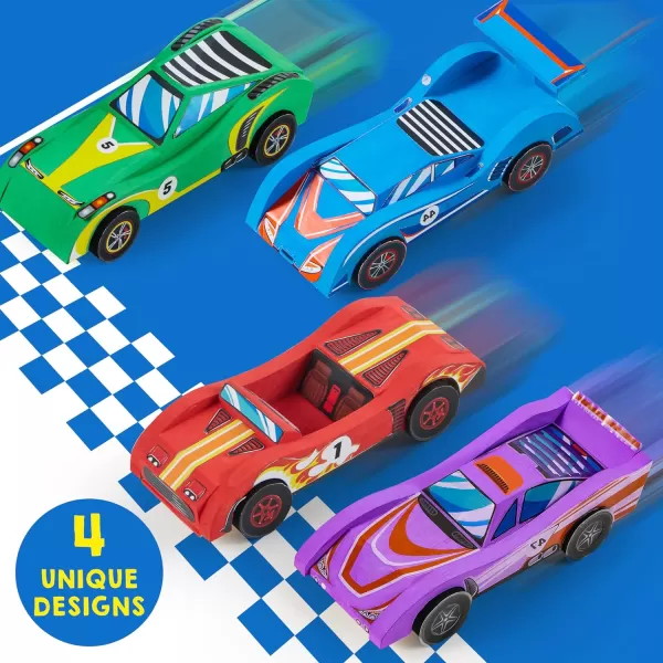 Klever Kits 4 DIY Wooden Race CarsBuild ampamp Paint Your Own Wood Craft Kit 4 Race Cars Toy Easy to Assemble Arts Crafts Kit Birthday Party Presents for Kids Boys Ages 6 and Up