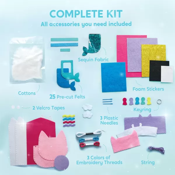 Klever Kits 7 Sewing Projects My First Felt Sewing Kit Easy DIY Wildlife Artworks of Unicorn Pillow and Mermaid Card Holder Gift for Kids Aged 6