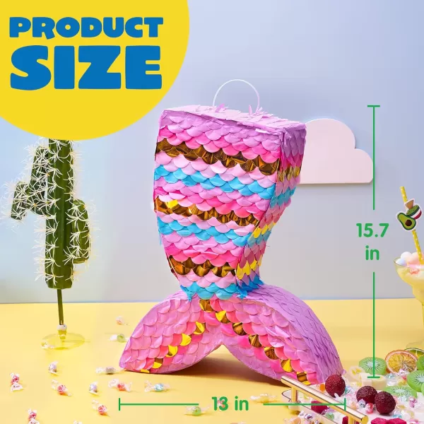 Mermaid Tail Pinata with Plastic Bat and Paper Blindfold for Fun Fiesta Taco Party Supplies Photo Props Mexican Theme Decoration Carnivals Festivals Girl Kids Birthday Parties 13W x 16H xMermaid