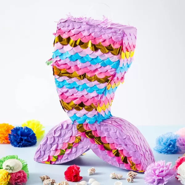 Mermaid Tail Pinata with Plastic Bat and Paper Blindfold for Fun Fiesta Taco Party Supplies Photo Props Mexican Theme Decoration Carnivals Festivals Girl Kids Birthday Parties 13W x 16H xMermaid