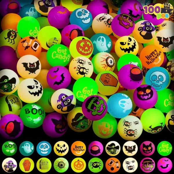 JOYIN 100 PCS Halloween Glow in The Dark Bouncing Balls 20 Designs Halloween Theme Glowing Bouncy Balls for Halloween Party Supplies Party Favors Trick or Treating Goodies