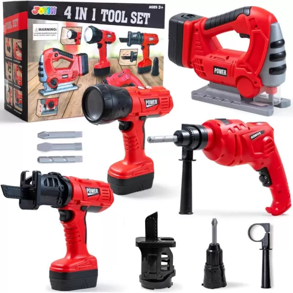 JOYIN 4in1 Kids Tool Set Pretend Play Toddler Tool Toys Construction Playset with Flashlight Saw Tools and Electric Drill for Boy Girl Halloween Present Birthday Dress Up Party Favors