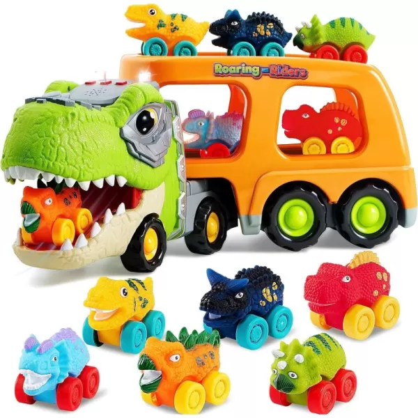 JOYIN Dinosaur Truck Toys for Kids Kids Toys Boys Age 3 4 5 Dinosaur Car Carrier Truck Toy with 6 Rubber Car Vehicles Toddler Birthday Gifts with Music ampamp Lights for 3 4 5 Year Old BoysTropical Dinosaur Truck