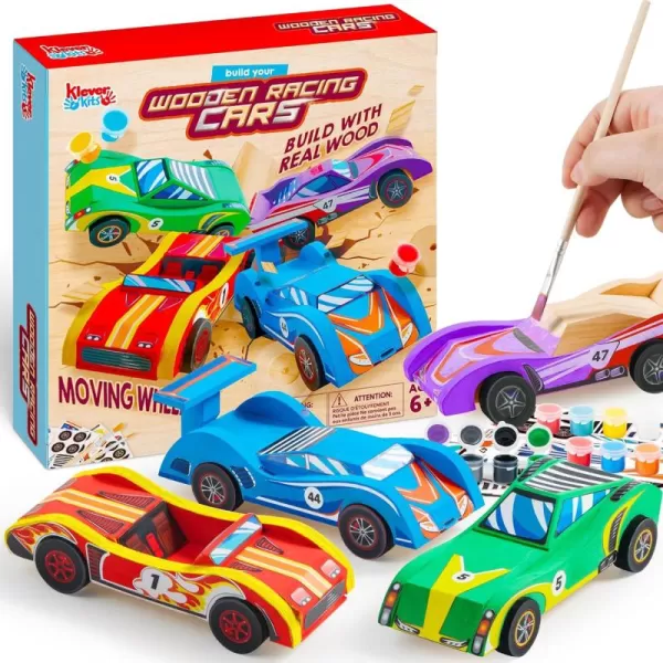 Klever Kits 4 DIY Wooden Race CarsBuild ampamp Paint Your Own Wood Craft Kit 4 Race Cars Toy Easy to Assemble Arts Crafts Kit Birthday Party Presents for Kids Boys Ages 6 and Up
