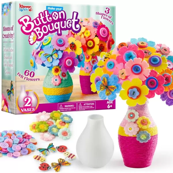Klever Kits Button Flower Craft with 2 Vases  Make Your Own Flower Bouquet with Button and Felt  DIY Flower Kits Art and Crafts Gift for Birthday Christmas