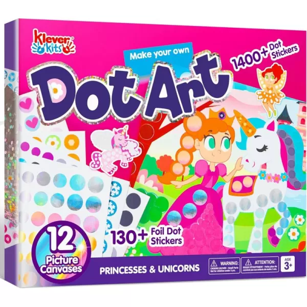 Klever Kits Dot Art Activity  No Mess Sticker Art for Kids Crafts Supplies Birthday Gifts Airplane Travel Toys for Boys ampamp Girls Ages 3 4 5 6 7 Unicorns ampamp Princess