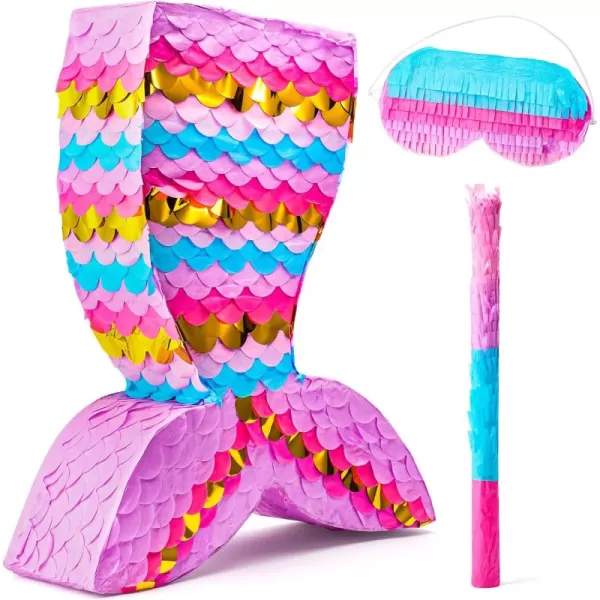 Mermaid Tail Pinata with Plastic Bat and Paper Blindfold for Fun Fiesta Taco Party Supplies Photo Props Mexican Theme Decoration Carnivals Festivals Girl Kids Birthday Parties 13W x 16H xMermaid