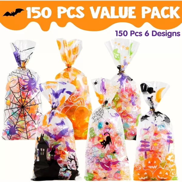 JOYIN 150 PCS Halloween Cellophane Candy Bags Clear Treat Bags with Twist Ties Trick or Treating Bags Halloween Goodie Bags Non Candy Cookie Bags for Kids Halloween Party Favors Supplies