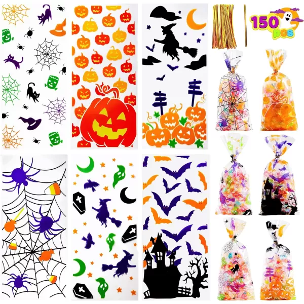 JOYIN 150 PCS Halloween Cellophane Candy Bags Clear Treat Bags with Twist Ties Trick or Treating Bags Halloween Goodie Bags Non Candy Cookie Bags for Kids Halloween Party Favors Supplies