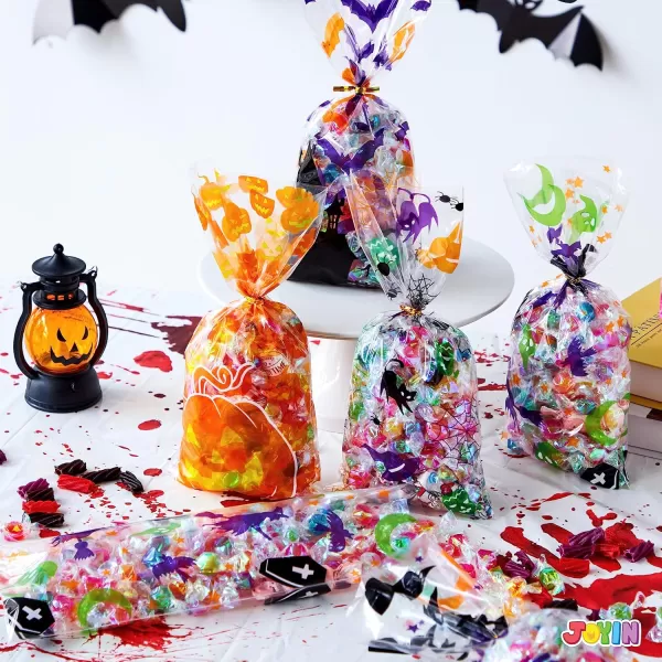 JOYIN 150 PCS Halloween Cellophane Candy Bags Clear Treat Bags with Twist Ties Trick or Treating Bags Halloween Goodie Bags Non Candy Cookie Bags for Kids Halloween Party Favors Supplies