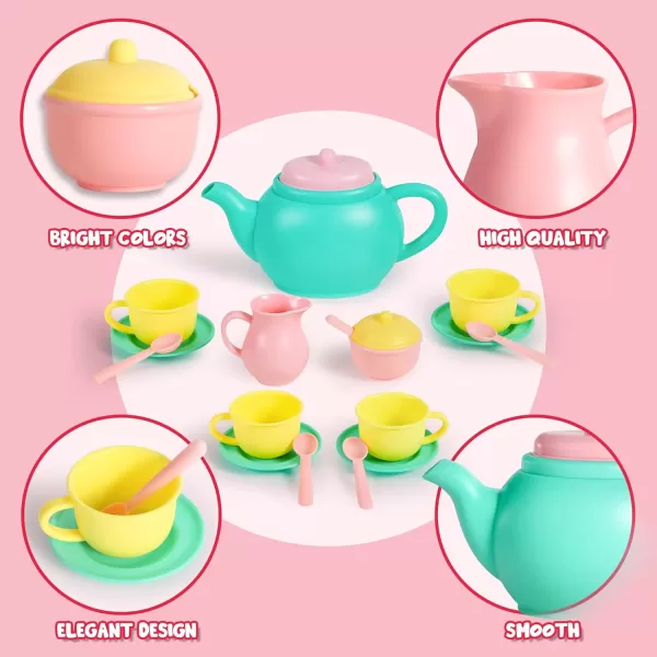 JOYIN 18PCS Pretend Play Tea Party Set Play Food Accessories BPA Free Phthalates Free Plastic Tea Set Mini Kitchen for Kids Gifts for Toddler Boys Girls Ages 3456 Years Old
