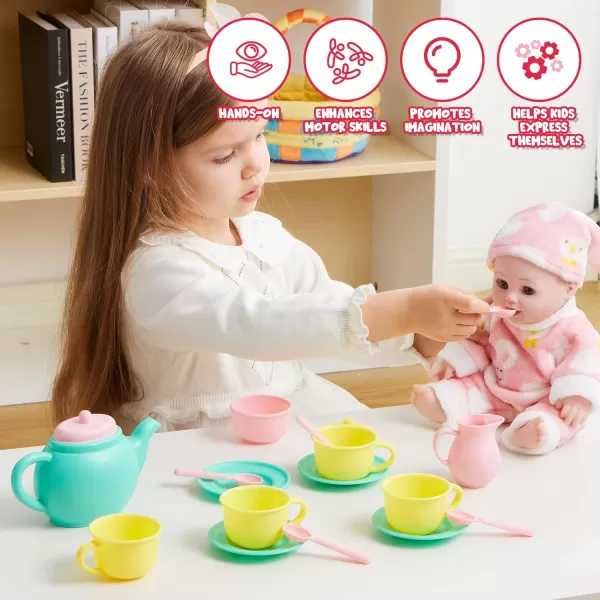 JOYIN 18PCS Pretend Play Tea Party Set Play Food Accessories BPA Free Phthalates Free Plastic Tea Set Mini Kitchen for Kids Gifts for Toddler Boys Girls Ages 3456 Years Old