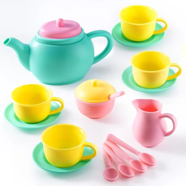 JOYIN 18PCS Pretend Play Tea Party Set Play Food Accessories BPA Free Phthalates Free Plastic Tea Set Mini Kitchen for Kids Gifts for Toddler Boys Girls Ages 3456 Years Old