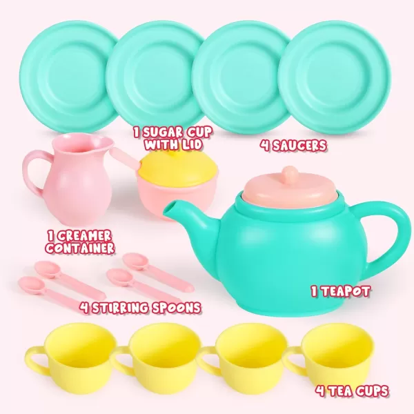JOYIN 18PCS Pretend Play Tea Party Set Play Food Accessories BPA Free Phthalates Free Plastic Tea Set Mini Kitchen for Kids Gifts for Toddler Boys Girls Ages 3456 Years Old