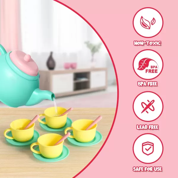 JOYIN 18PCS Pretend Play Tea Party Set Play Food Accessories BPA Free Phthalates Free Plastic Tea Set Mini Kitchen for Kids Gifts for Toddler Boys Girls Ages 3456 Years Old