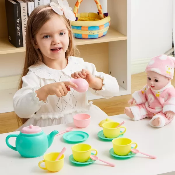 JOYIN 18PCS Pretend Play Tea Party Set Play Food Accessories BPA Free Phthalates Free Plastic Tea Set Mini Kitchen for Kids Gifts for Toddler Boys Girls Ages 3456 Years Old