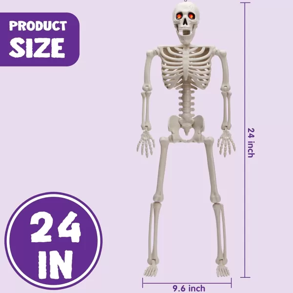 JOYIN 24 inches Halloween Skeleton Full Body Human Plastic Bones with LED Light Eyes and Posable Joints for Haunted House or Graveyard Decoration