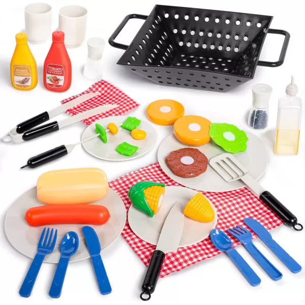 JOYIN 34 PCS Kitchen Toy Set Toy BBQ Grill Set Cooking Toy Set Little Chef Play Kids Grill Playset Interactive BBQ Toy Set for Kids Christmas Birthday Gift for Boys Girls Kids