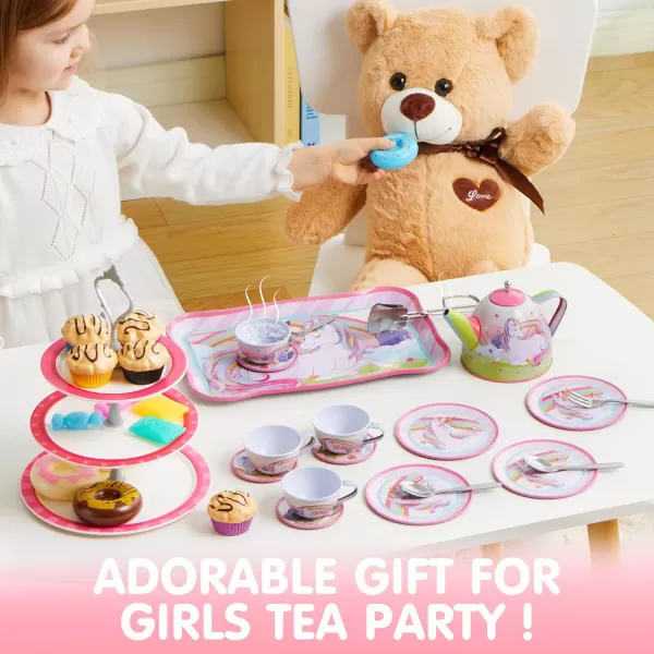 JOYIN 35Pcs Unicorn Tea Party Set for Little Girls Pretend Tin Teapot Set Princess Tea Time Play Kitchen Toy with Dessert Doughnut Carrying Case for Birthday Easter Gifts Kids Toddlers Age 3 4 5 6Unicorn Tin Teapot Set