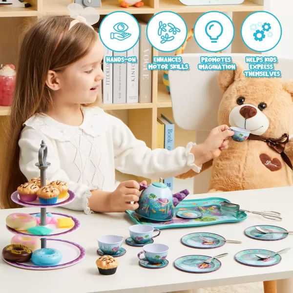 JOYIN 35Pcs Unicorn Tea Party Set for Little Girls Pretend Tin Teapot Set Princess Tea Time Play Kitchen Toy with Dessert Doughnut Carrying Case for Birthday Easter Gifts Kids Toddlers Age 3 4 5 6Mermaid Tin Teapot Set