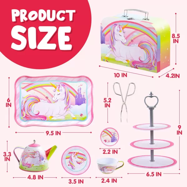 JOYIN 35Pcs Unicorn Tea Party Set for Little Girls Pretend Tin Teapot Set Princess Tea Time Play Kitchen Toy with Dessert Doughnut Carrying Case for Birthday Easter Gifts Kids Toddlers Age 3 4 5 6Unicorn Tin Teapot Set