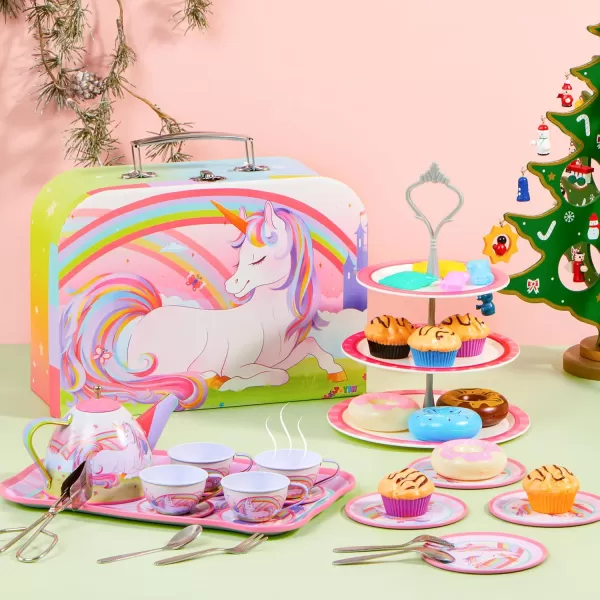 JOYIN 35Pcs Unicorn Tea Party Set for Little Girls Pretend Tin Teapot Set Princess Tea Time Play Kitchen Toy with Dessert Doughnut Carrying Case for Birthday Easter Gifts Kids Toddlers Age 3 4 5 6Unicorn Tin Teapot Set