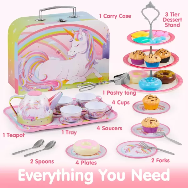 JOYIN 35Pcs Unicorn Tea Party Set for Little Girls Pretend Tin Teapot Set Princess Tea Time Play Kitchen Toy with Dessert Doughnut Carrying Case for Birthday Easter Gifts Kids Toddlers Age 3 4 5 6Unicorn Tin Teapot Set