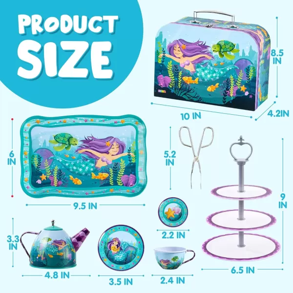 JOYIN 35Pcs Unicorn Tea Party Set for Little Girls Pretend Tin Teapot Set Princess Tea Time Play Kitchen Toy with Dessert Doughnut Carrying Case for Birthday Easter Gifts Kids Toddlers Age 3 4 5 6Mermaid Tin Teapot Set
