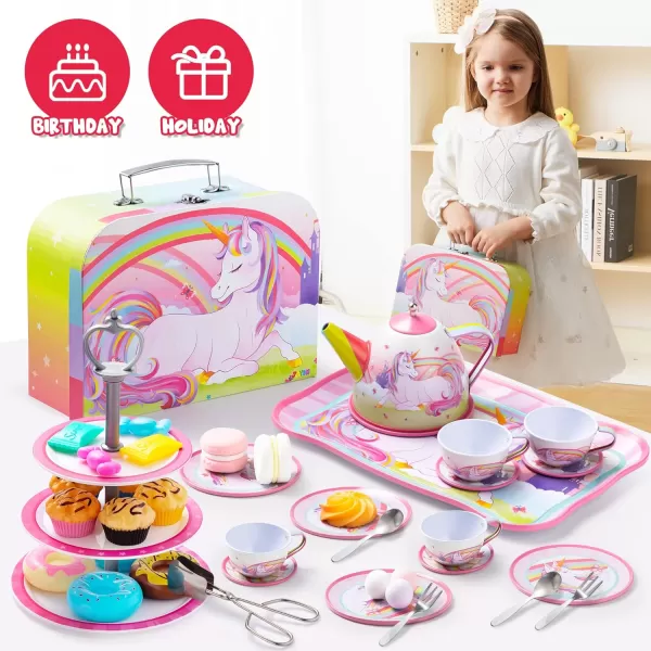 JOYIN 35Pcs Unicorn Tea Party Set for Little Girls Pretend Tin Teapot Set Princess Tea Time Play Kitchen Toy with Dessert Doughnut Carrying Case for Birthday Easter Gifts Kids Toddlers Age 3 4 5 6Unicorn Tin Teapot Set