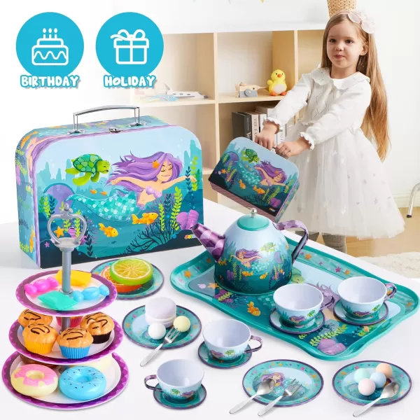 JOYIN 35Pcs Unicorn Tea Party Set for Little Girls Pretend Tin Teapot Set Princess Tea Time Play Kitchen Toy with Dessert Doughnut Carrying Case for Birthday Easter Gifts Kids Toddlers Age 3 4 5 6Mermaid Tin Teapot Set